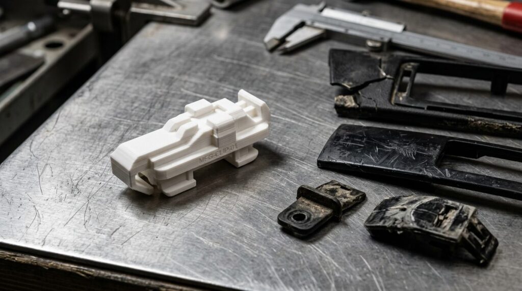 Close-up product shot of a white 3D-printed automotive dashb