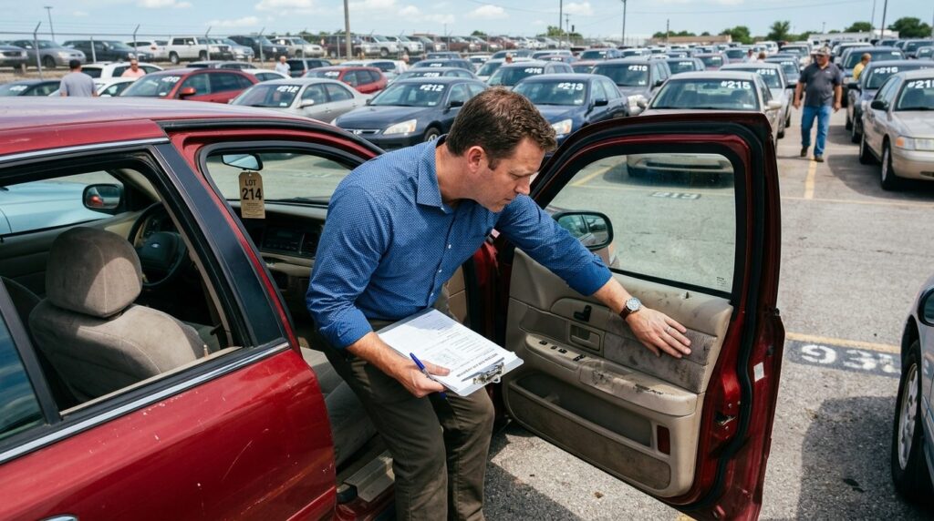 Used car auction lot scene: A buyer in business casual attir