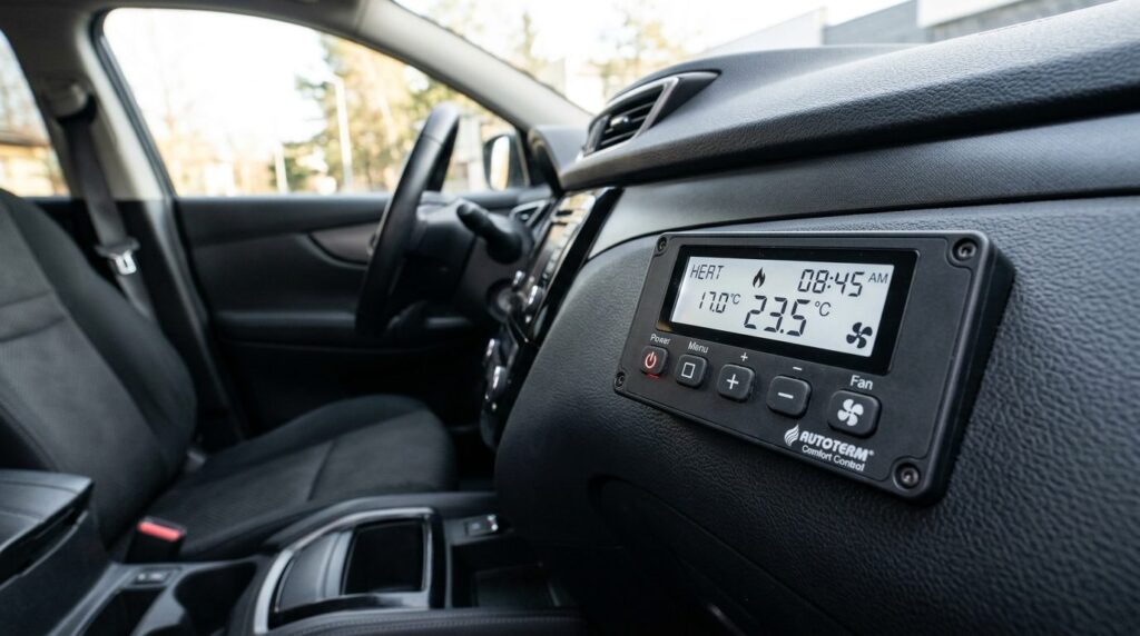Close-up of a diesel parking heater control panel and digita