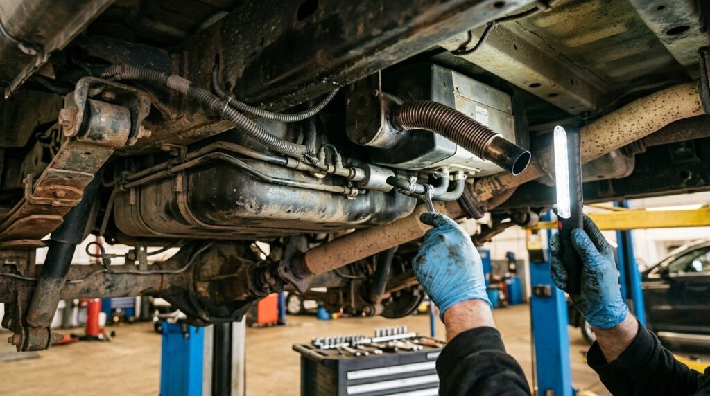 Used car undercarriage showing diesel heater exhaust outlet 