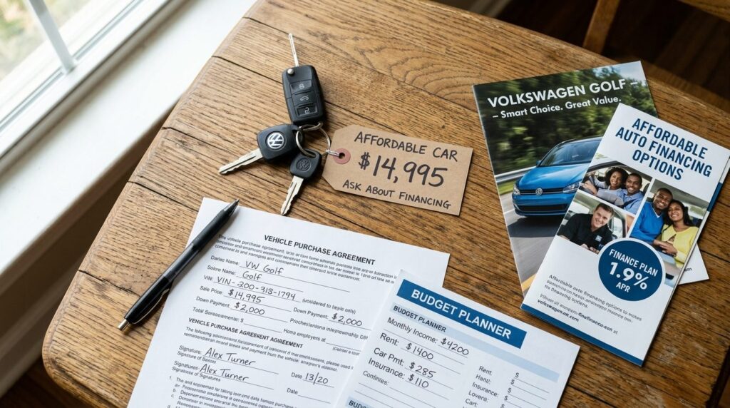 Close-up overhead view of car keys and price tag showing aff