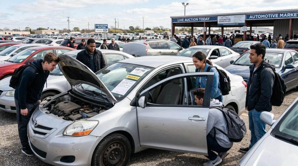Group of students standing around a budget-friendly used car