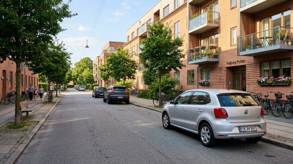 Wide shot of compact affordable used car parked on sunny res