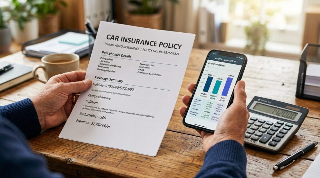 Close-up of a persons hands holding a car insurance policy