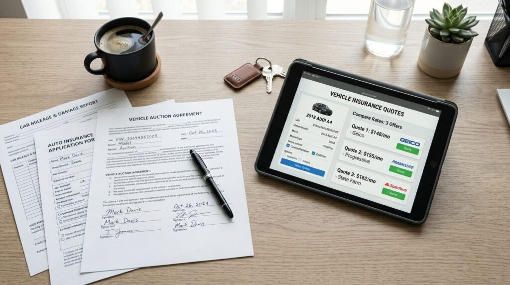Overhead shot of auction car paperwork, insurance forms, and