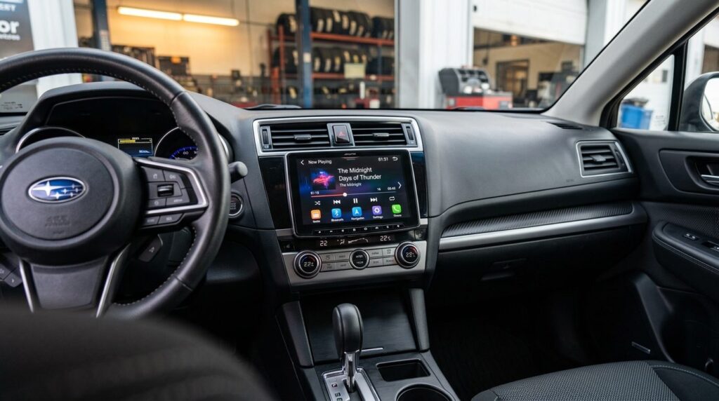 Close-up professional image of a car audio system upgrade wi