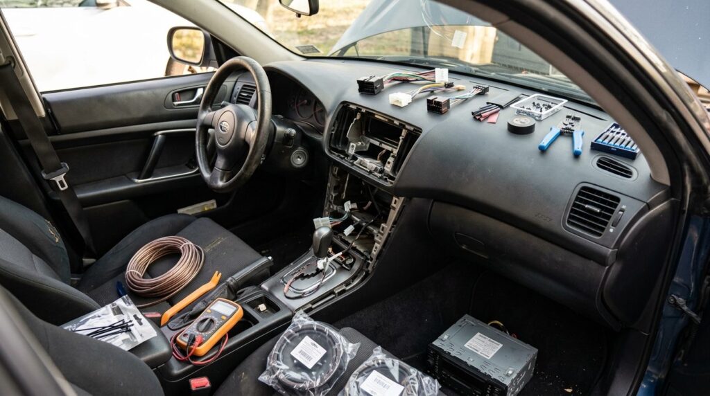 Wide shot of a used car interior during audio system upgrade