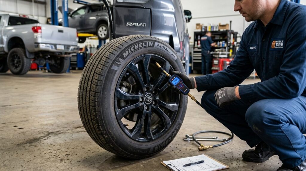Mobile tire technician checking tire pressure and TPMS senso