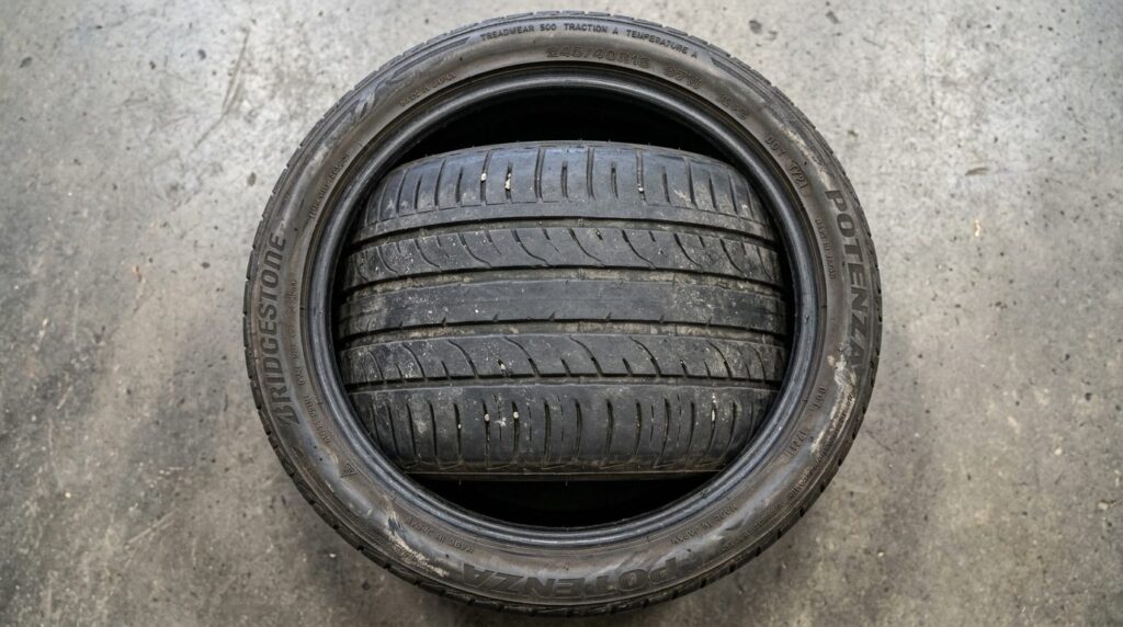 Detailed overhead view of auction car tire showing wear patt