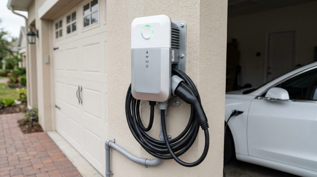Close-up professional image of a white and silver home EV ch